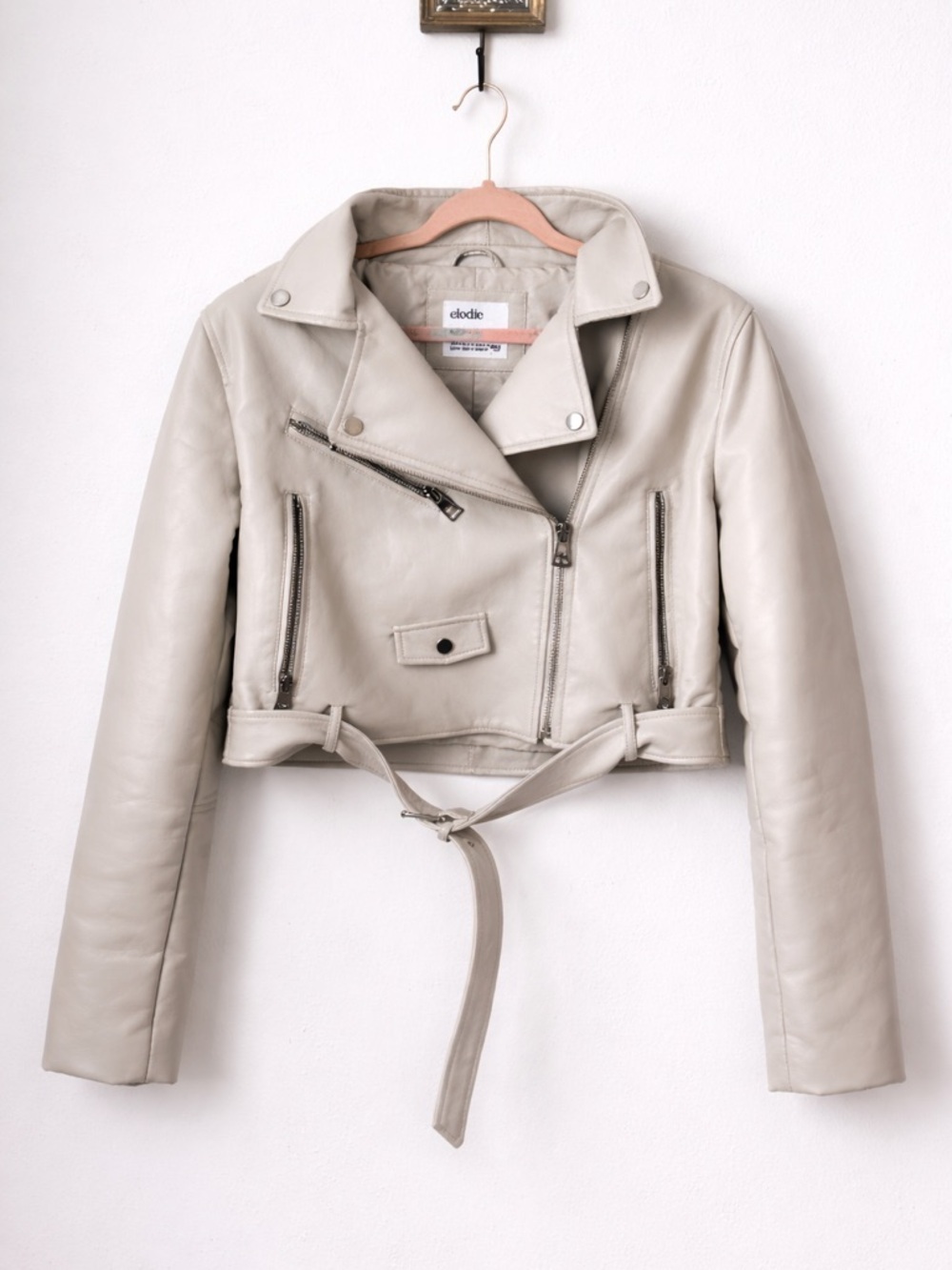 Elodie Cream Faux Leather Moto Jacket XL Cropped Biker Zip Belted